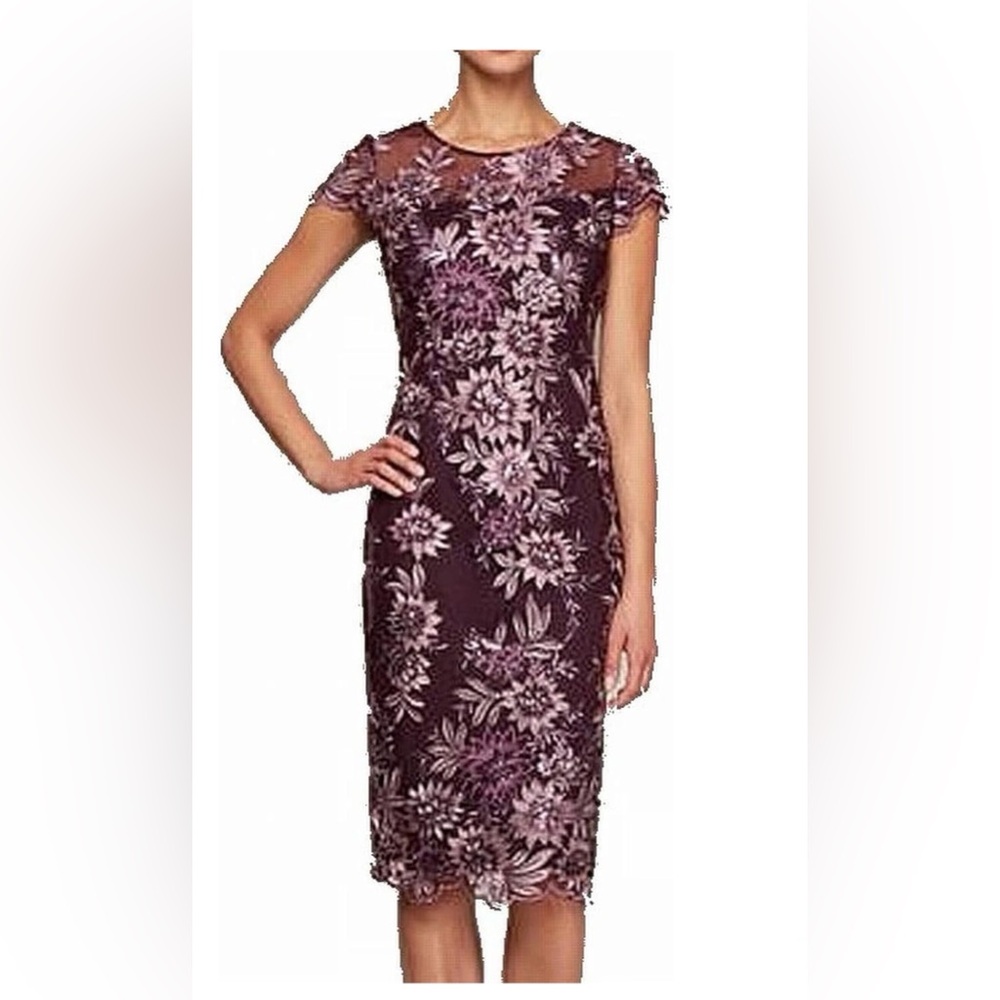 Alex Evenings Burgundy and Silver Floral Midi Dress - size 14
